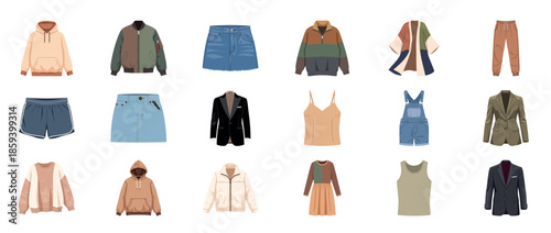 Collection of stylish clothing items including jackets, skirts, and overalls