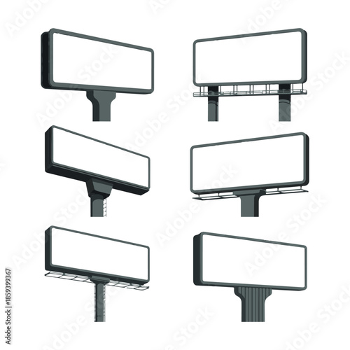 Six blank outdoor advertising billboards in various styles and perspectives white space