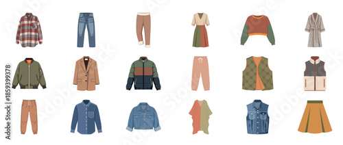 Casual clothing collection featuring jackets, jeans, and dresses