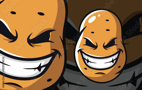 Sinister Vector Mascot Design Depicting Two Smiling Yellow Potato Characters with Evil, Menacing Expressions and Wide Grins.