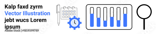 Laboratory test tubes, gear over calendar, and magnifying glass convey research, data analysis, planning, or project management themes. Ideal for science, organization, innovation and simple landing
