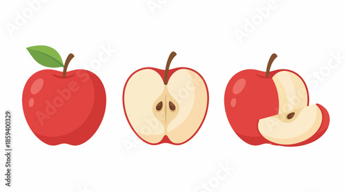 Red Apple Vector Set Showing Whole, Halved, and Sliced Fruit with Leaf for Educational, Healthy Eating, and Food Preparation Graphic Illustration Use