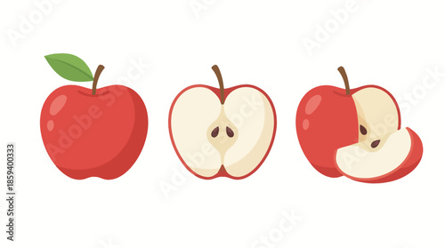 Red Apple Vector Set Showing Whole, Halved, and Sliced Fruit with Leaf for Educational, Healthy Eating, and Food Preparation Graphic Illustration Use