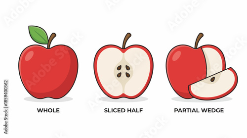Red Apple Vector Set Showing Whole, Halved, and Sliced Fruit with Leaf for Educational, Healthy Eating, and Food Preparation Graphic Illustration Use