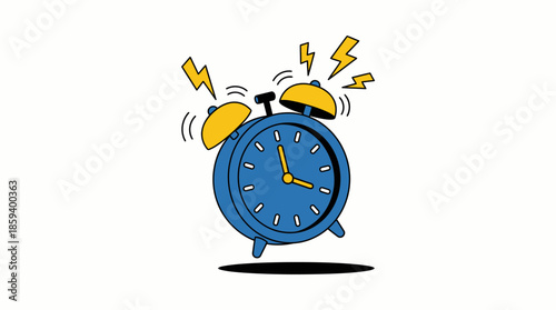 Cartoon Alarm Clock Vector Illustration with Ringing Bells, Lightning Bolts, and Blue Body for Wake-Up, Reminder, and Graphic Design Use