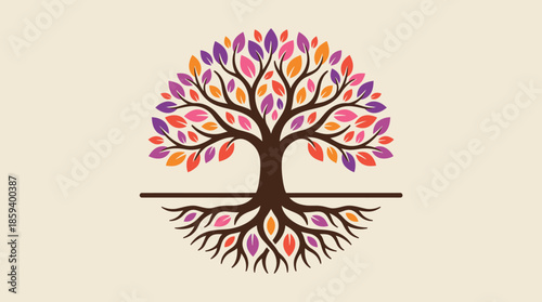 Symmetrical Tree Vector Illustration with Colorful Leaves and Mirrored Roots for Nature, Growth, Balance, and Holistic Graphic Design and Artistic Use