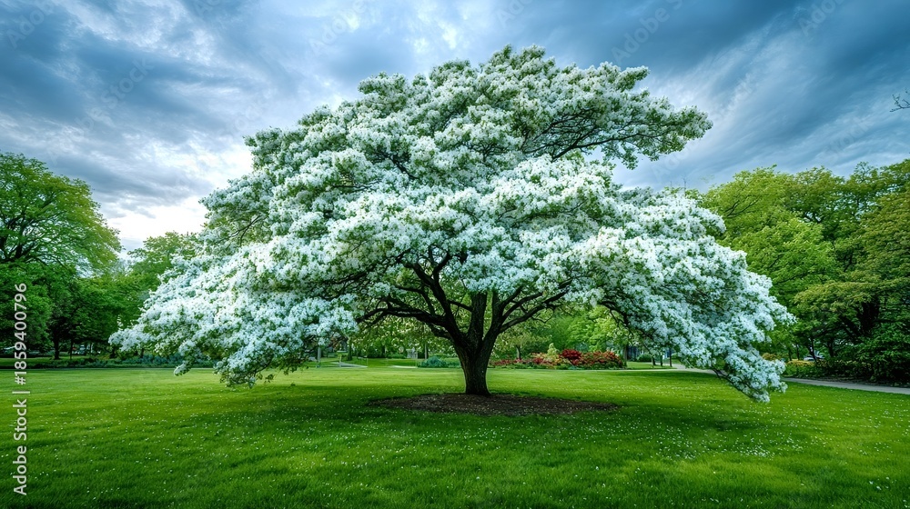 Fototapeta premium Blooming white dogwood tree standing in a vibrant green park lawn under a partly cloudy sky, symbolizing nature's beauty, tranquility, and the fresh start of spring