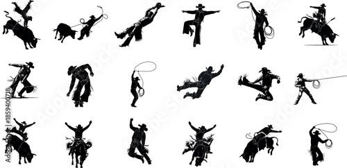 Cowboy rodeo action silhouettes isolated on white background