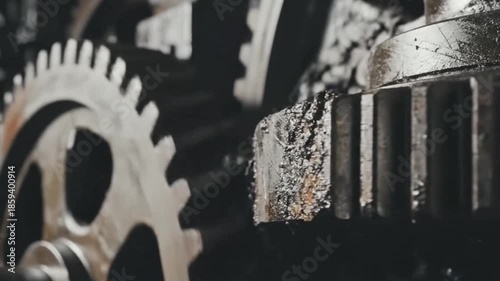 Close-up macro of industrial gears rotating together, metallic scratches and dirt texture
