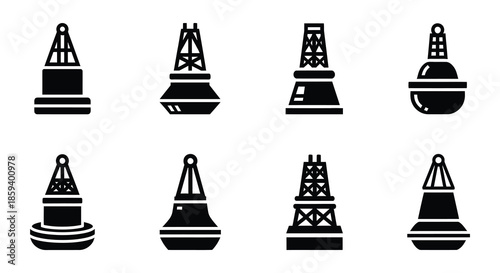 Collection of black and white nautical buoy icons in various shapes