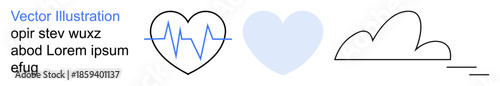 Healthcare, wellness, cardiology, digital health, relaxation, environment. Heart with heartbeat line, solid heart clouds. Healthcare and wellness concepts emphasizing digital health and cardiology