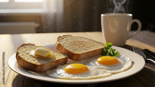 Breakfast meal with fried eggs toast and coffee