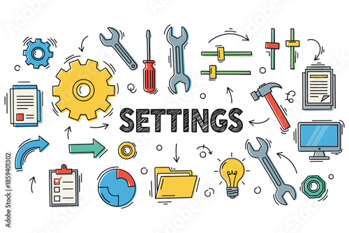 Settings tools and icons: gears, wrenches, and technology elements