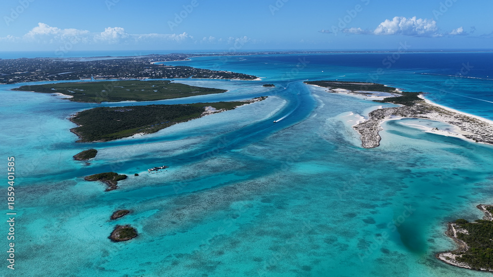 Obraz premium Turks And Caicos Skyline At Providenciales In Overseas Territory England. Caribbean Skyline. Beach Landscape. Shades Of Blue Watercolor. Turks And Caicos Skyline In Providenciales. Nature Background.