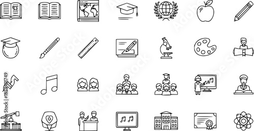 Diverse Education and Learning Icons Set: Science, Art, Music, and Graduation Symbols