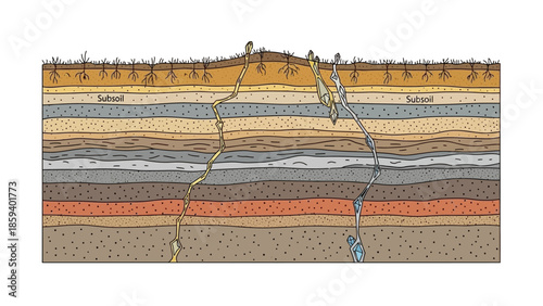 Illustration of geological deposits in a layered rock formation with a shallow depth of field and earthy tones on a white background