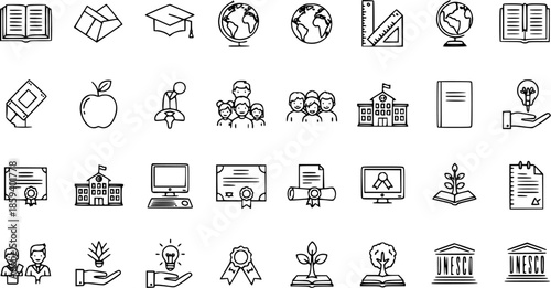 Education and Learning Icons: Graduation Caps, Globes, Books, Schools, Computers, Awards, Growth