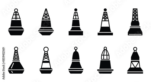 Collection of black and white nautical buoy icons in various shapes