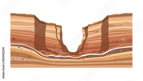 Illustration of geological deposits in a canyon with layered rock formations