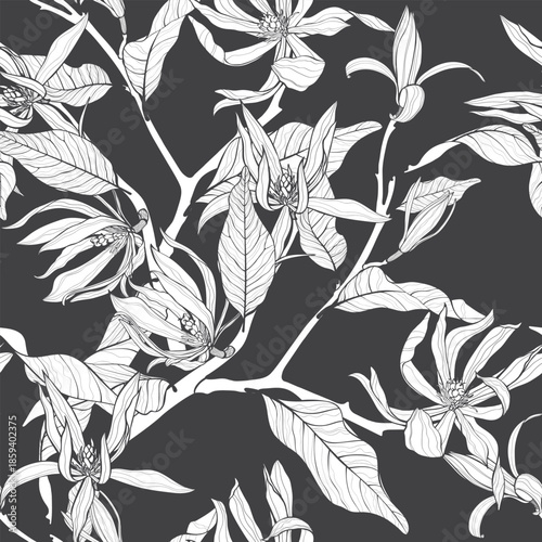 Vector floral seamless pattern of magnolia branches and flowers. Romantic elegant simple line background.