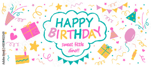 Cute crayon style party elements set with gift boxes, balloons, confetti and stars, isolated. Festive doodle celebration banner with hand drawn decor. Fun holiday collection for childhood mood.