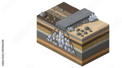 Illustration of geological deposits in a layered rock formation with a fault line