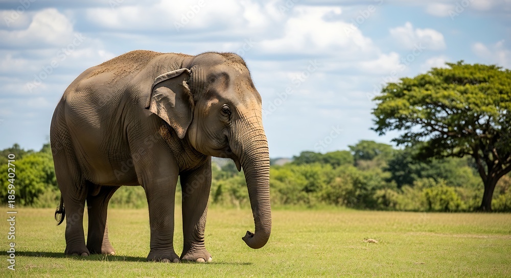 Fototapeta premium Majestic Asian Elephant Roaming Freely in a Lush Green Landscape Under a Bright Sky.