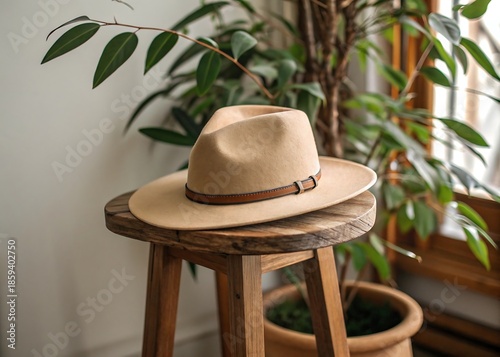 Wool Hat On Wooden Stool With Plant Cozy Winter Decor