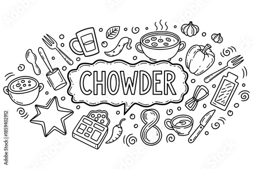 Chowder themed doodle: soup, utensils, ingredients in black and white artwork