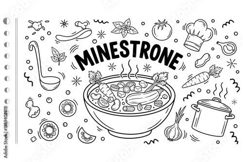 Minestrone soup ingredients illustration with vegetables and cooking tools