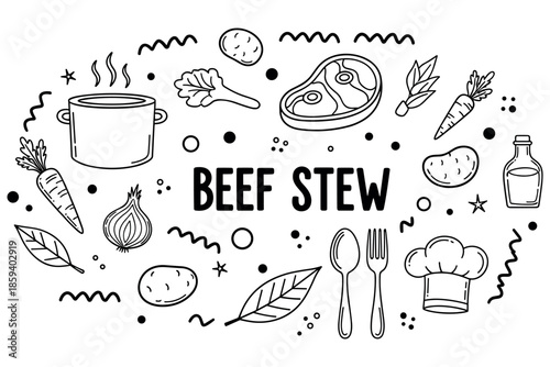 Beef stew cooking ingredients and tools in black and white illustration
