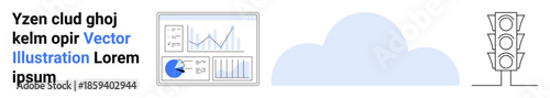 Analytics dashboard with chart and graph, cloud graphic, and traffic light. Ideal for data visualization, cloud services, smart cities, IoT, productivity tools, analytics simple landing page