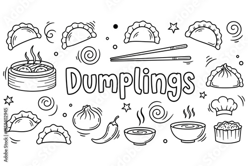 Dumplings doodle: illustrated asian cuisine with chopsticks and steaming bowls