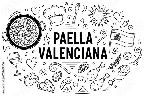 Paella valenciana with ingredients and cooking elements