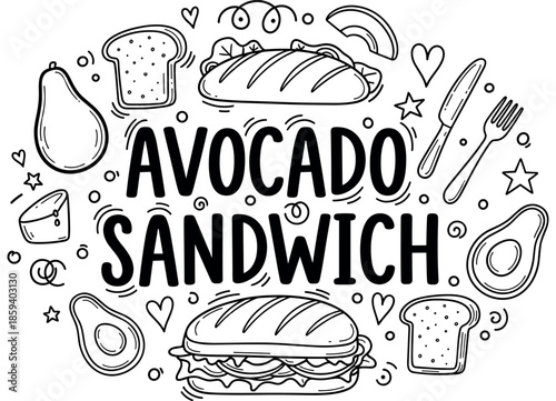 Avocado sandwich design with bread, cheese, and utensils illustrations