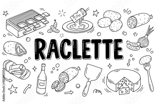 Raclette elements: cheese, potatoes, sausages, and wine illustrated