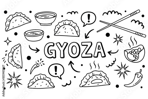 Black and white doodle of gyoza with chopsticks and dipping sauce