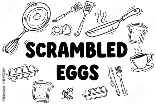 Scrambled eggs cooking utensils and ingredients with frying pan and whisk
