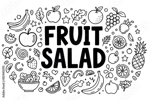 Fruit salad line art: fresh fruits and vegetables doodle illustration
