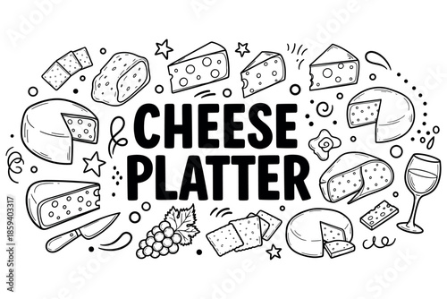 Cheese platter sketch with various cheeses, knife, grapes, and wine glass