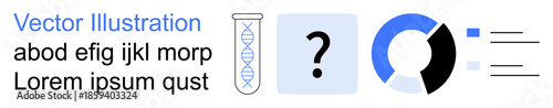 Data analysis, scientific discovery, research visualization, statistics, information processing, problem-solving. Test tube with DNA, question mark pie chart. Scientific discovery and research
