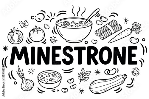 Minestrone soup ingredients illustration with vegetables and herbs