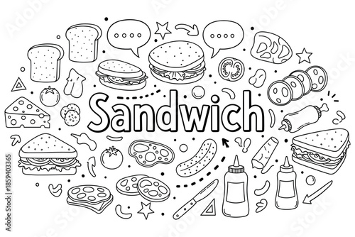 Doodle style sandwich ingredients and conversation bubbles in black and white