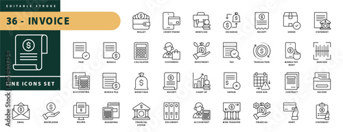 A collection of Invoice icons set with editable stroke, including wallet, credit phone, exchange, receipt, order, statement, mobile pay, contract, record, over due. Thin linear vector illustration