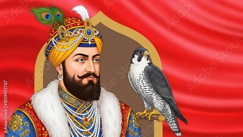 Royal figure in traditional attire with falcon on red background