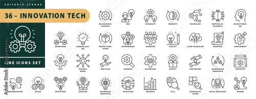 A collection of Innovation Tech icons set with editable stroke, including machanism in innovation, idea, originality, ingenuity, technology, concept, business model. Thin linear vector illustration