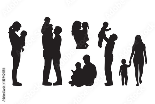 Silhouettes of families interacting parents with children in various poses
