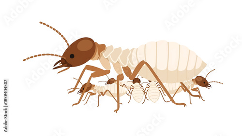 A group of insects with brown heads and legs, creamy-white bodies, and long antennae. Depicted against a white background