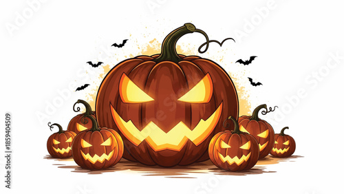 A group of jack-o'-lanterns with glowing eyes and carved mouths. Bats fly around, suggesting a spooky autumn celebration