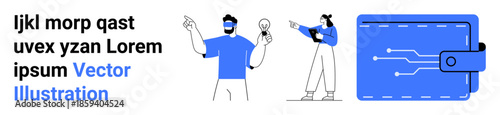 Two figures presenting ideas, one with VR headset, one with lightbulb, alongside futuristic digital wallet. Ideal for innovation, technology, brainstorming, finance, virtual reality problem-solving